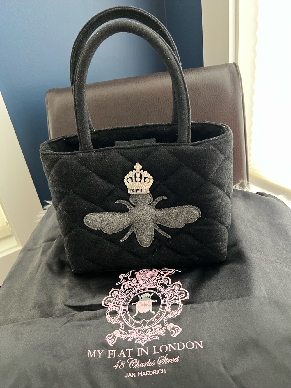 My Flat in London Black Quilted Tote with Gray Bee and Crown Badge